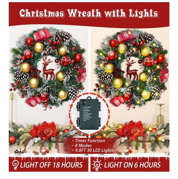 Festive Holiday Wreath with Red and Gold Accents With Lights - Picture 5 of 6